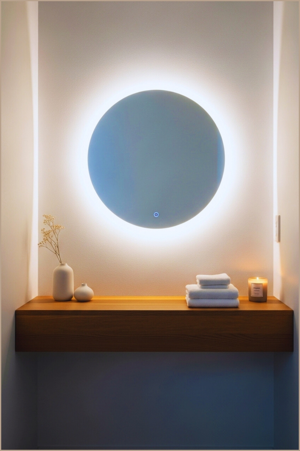 A Minimalist Wall Mounted Vanity With A Glowing Round Mirror Warm