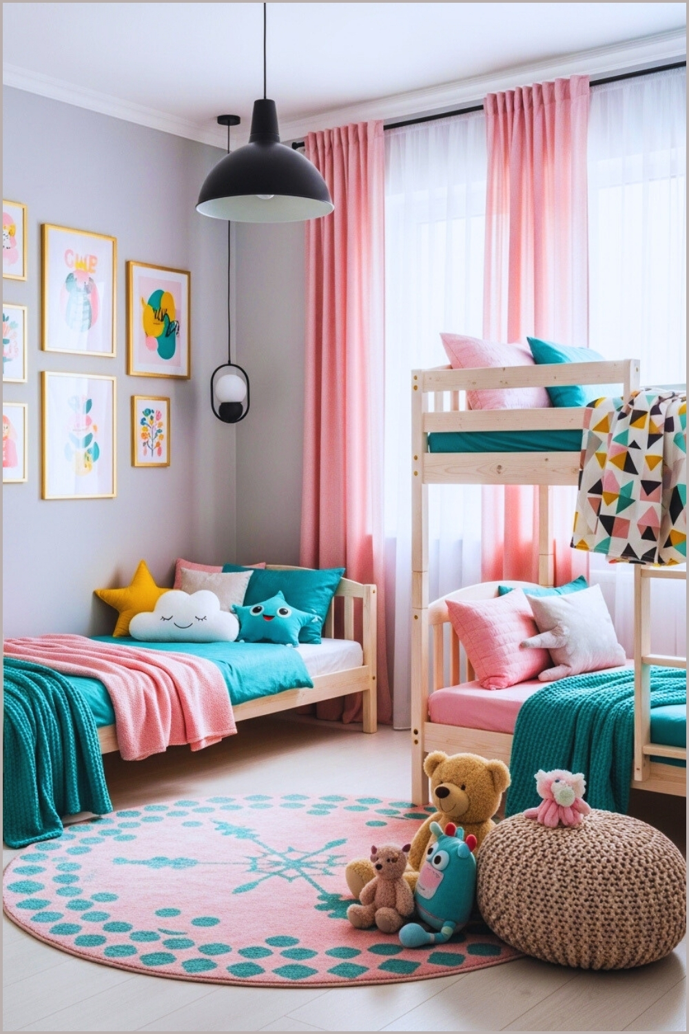 A Modern Kids Bedroom With Gray Walls Wooden Bunk Bed