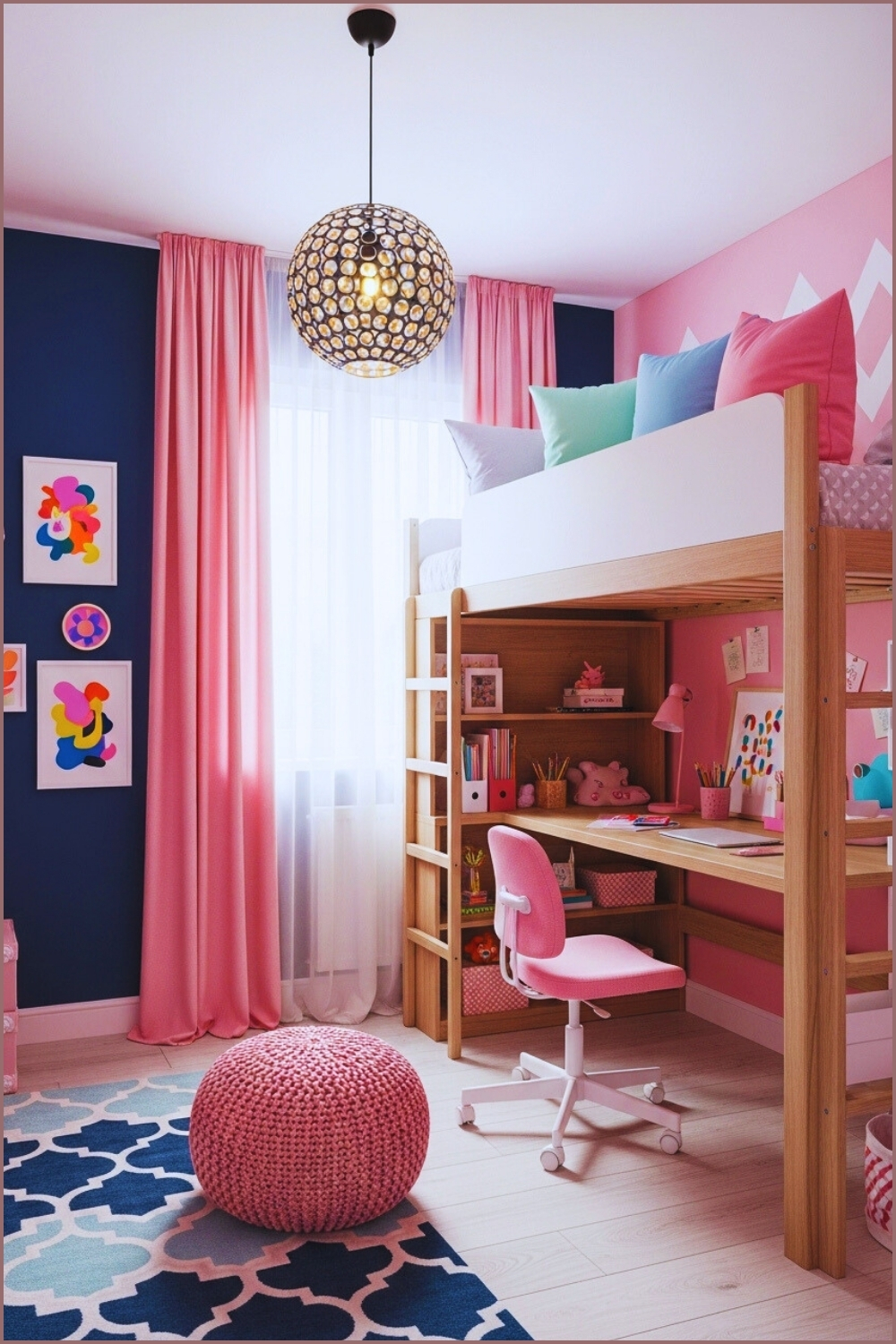 A Modern Kids Bedroom With Navy Blue And Pink Walls Wooden Loft Bed
