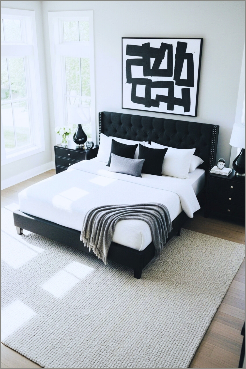 A Modern Minimalist Black And White Bedroom With Tufted Black