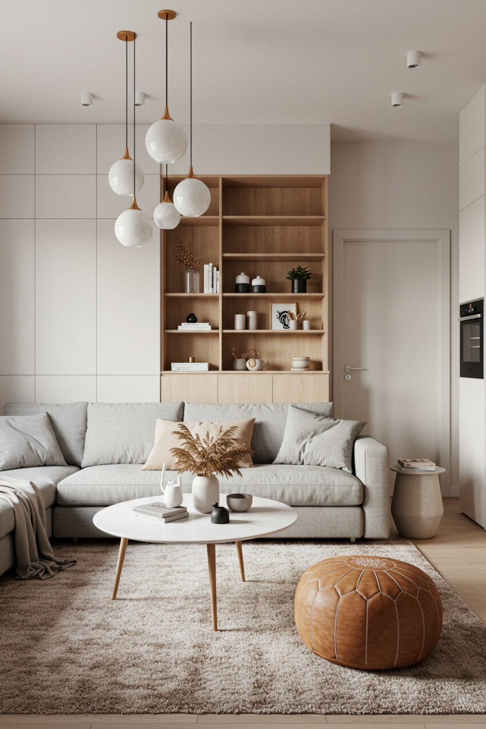 Modern Minimalist Living Room With Open Shelving 
