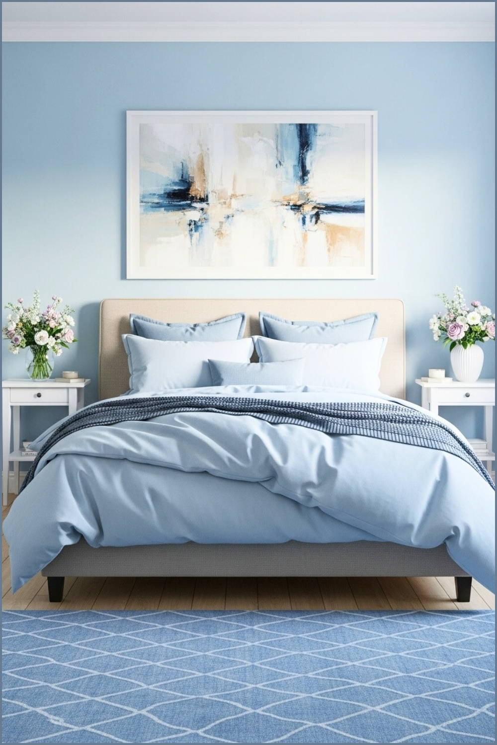 A Modern Serene Bedroom With Pastel Blue Walls, Beige Upholstered Bed