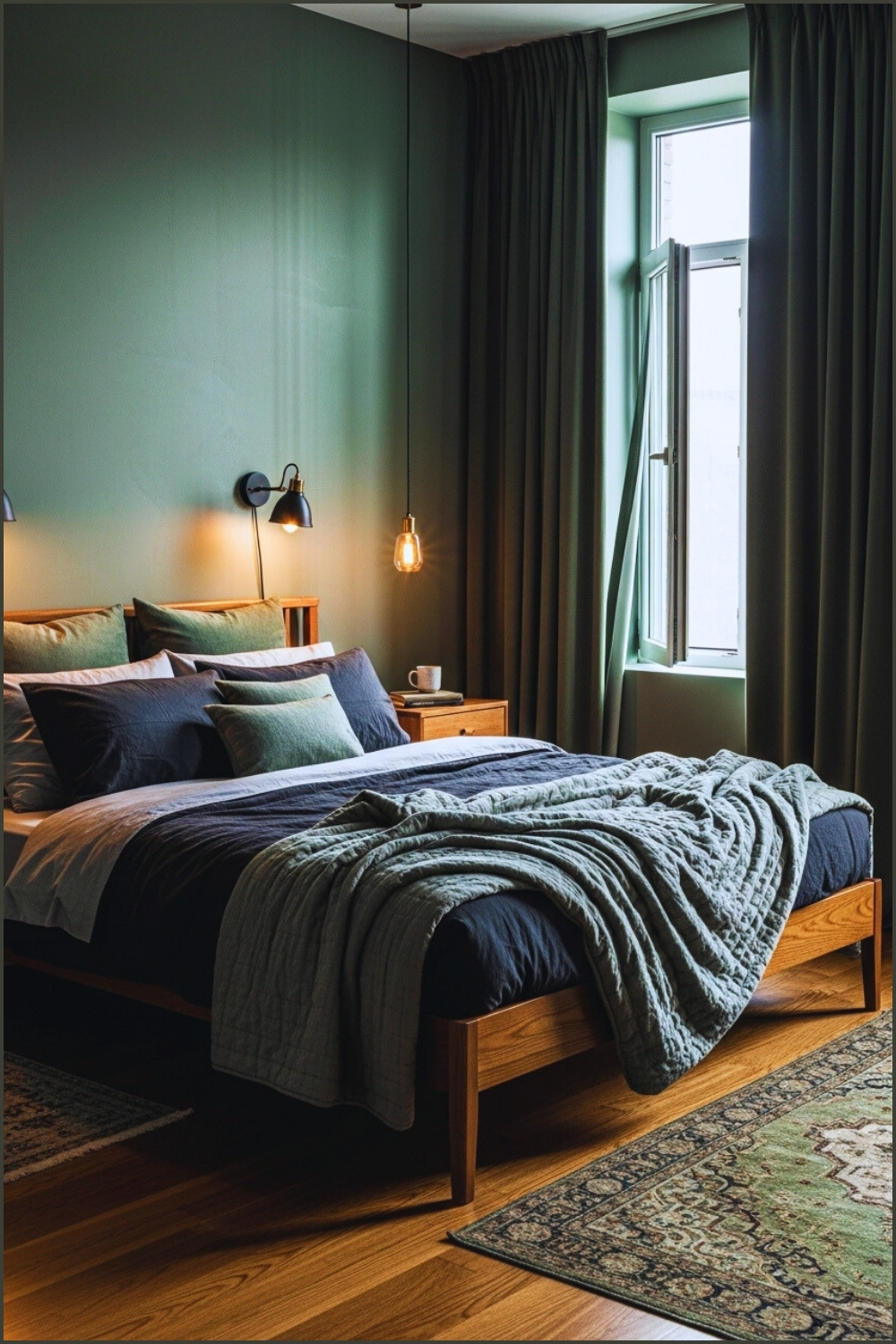 A Moody Modern Bedroom With Deep Sage Green Walls Wooden Bed Frame