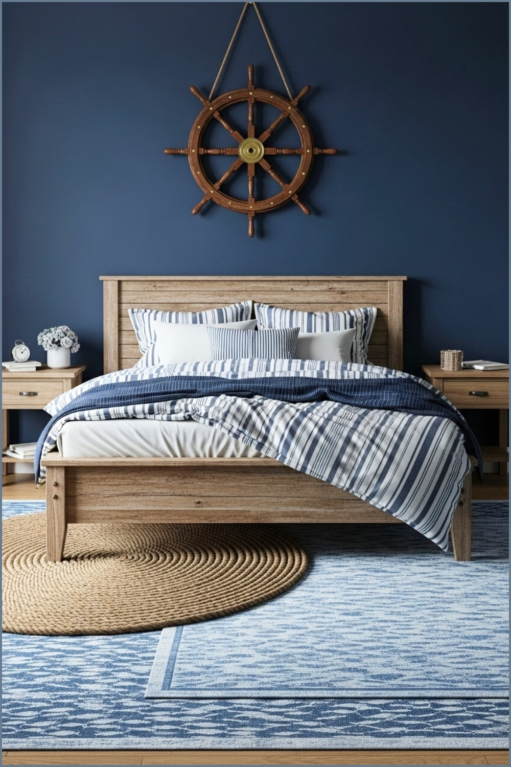 A Nautical Bedroom With Navy Blue Walls, Rustic Wooden Bed