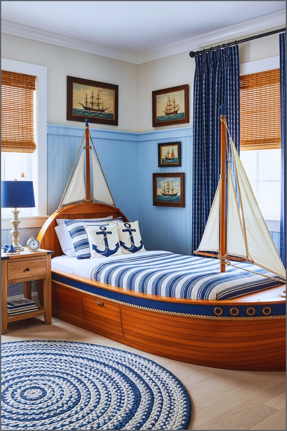 A Nautical Themed Kids Bedroom With Boat Shaped Bed Navy Blue