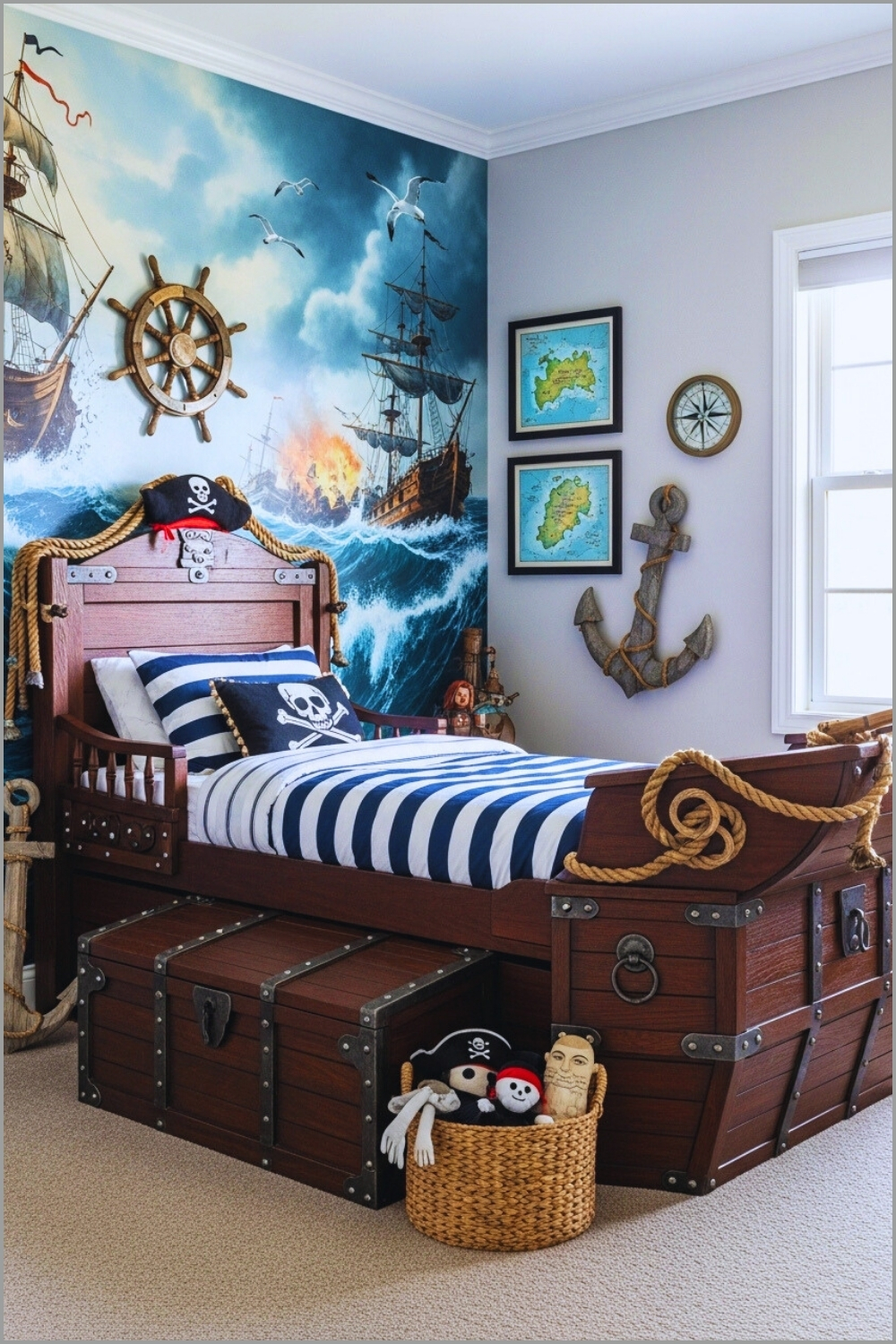 A Pirate Themed Kids Bedroom With Dark Wooden Pirate Ship Bed