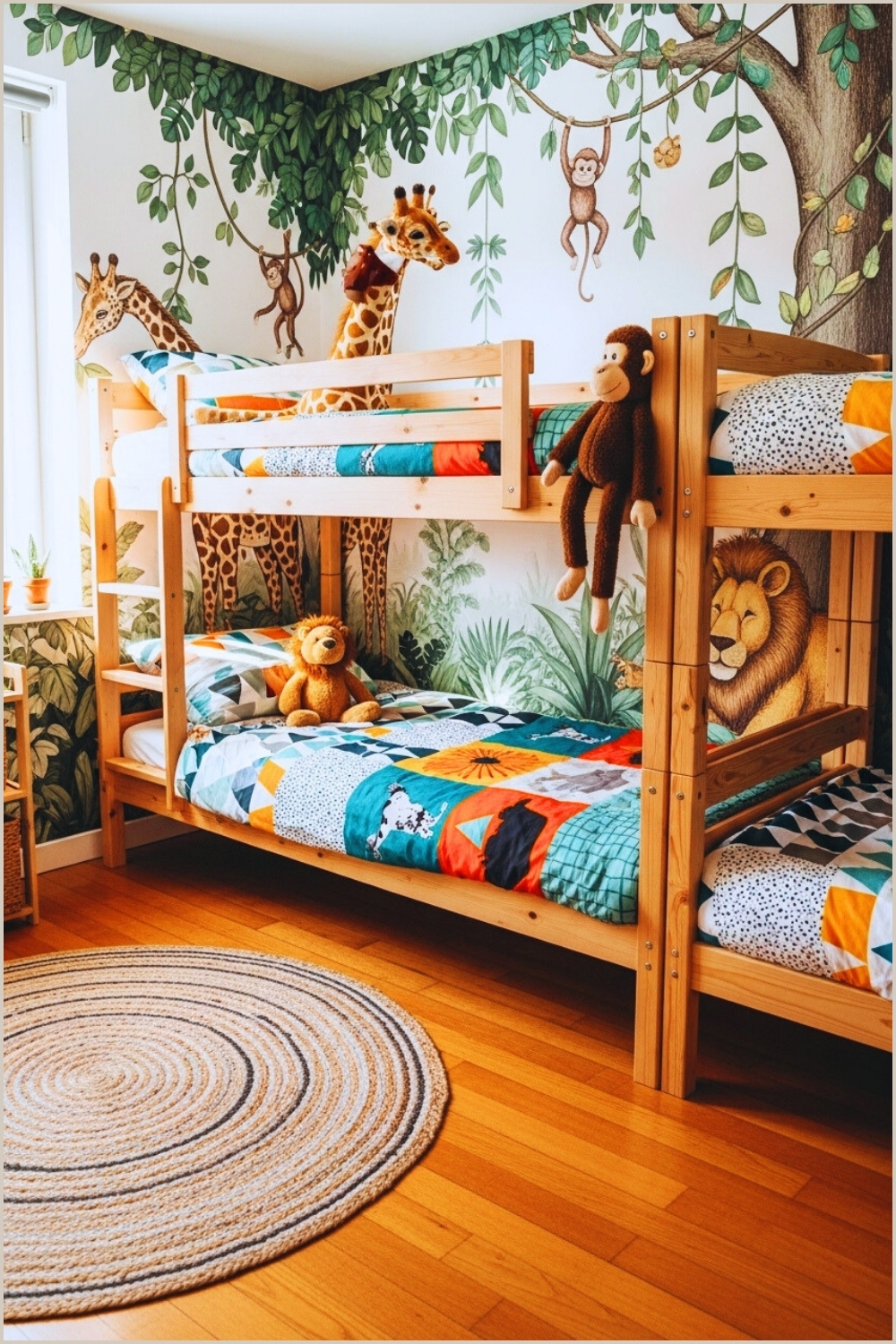 A Playful Jungle Themed Kids Bedroom With Wooden Bunk Bed