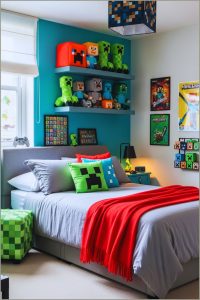 A Playful Minecraft Themed Bedroom With Shelves Full