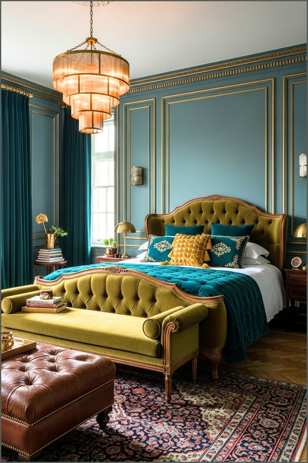 A Rich Elegant Bedroom With Deep Teal Paneled Walls, Tufted Olive Green Bed