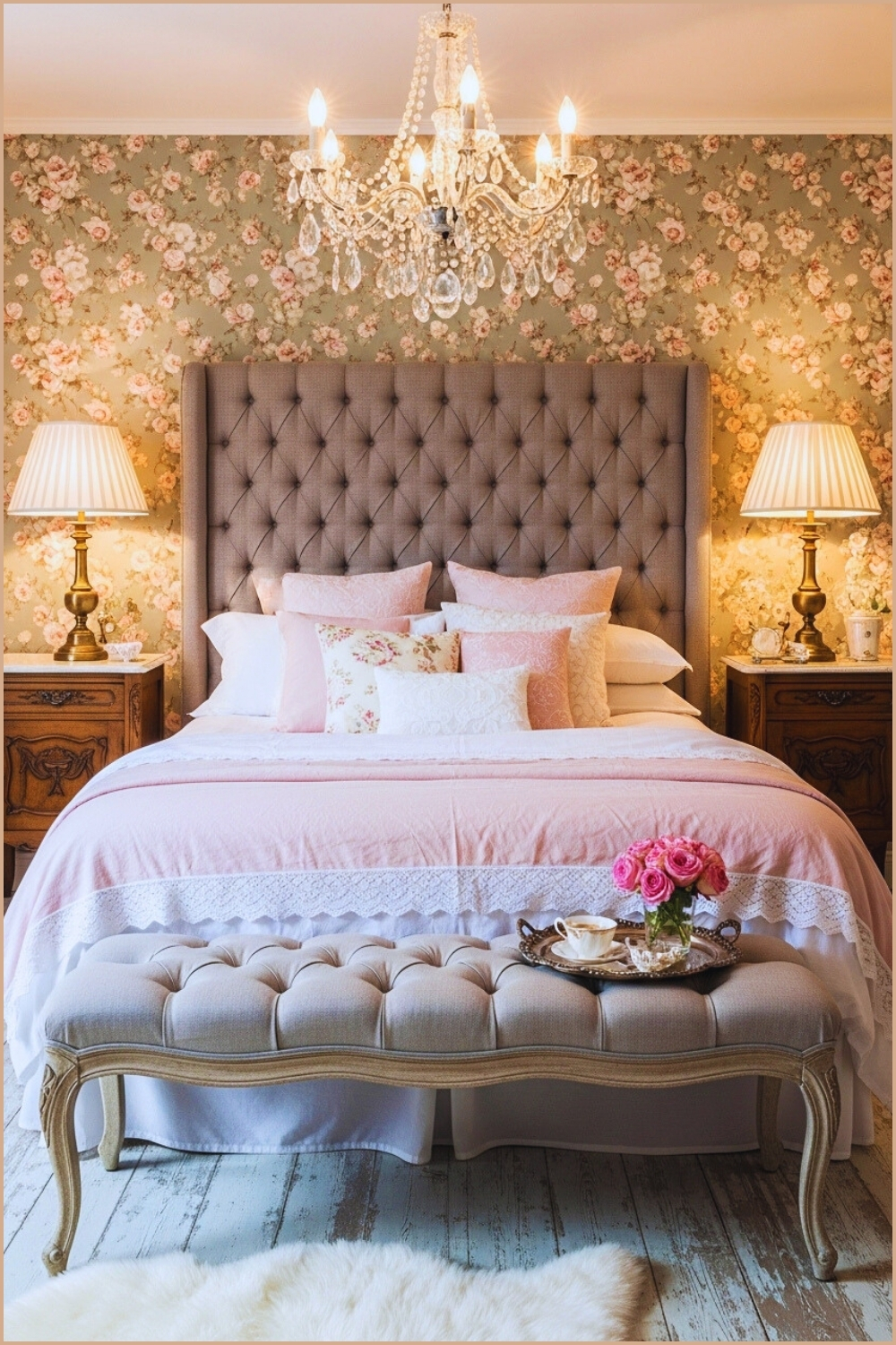 A Romantic Bedroom With Floral Wallpaper Tufted Upholstered Headboard