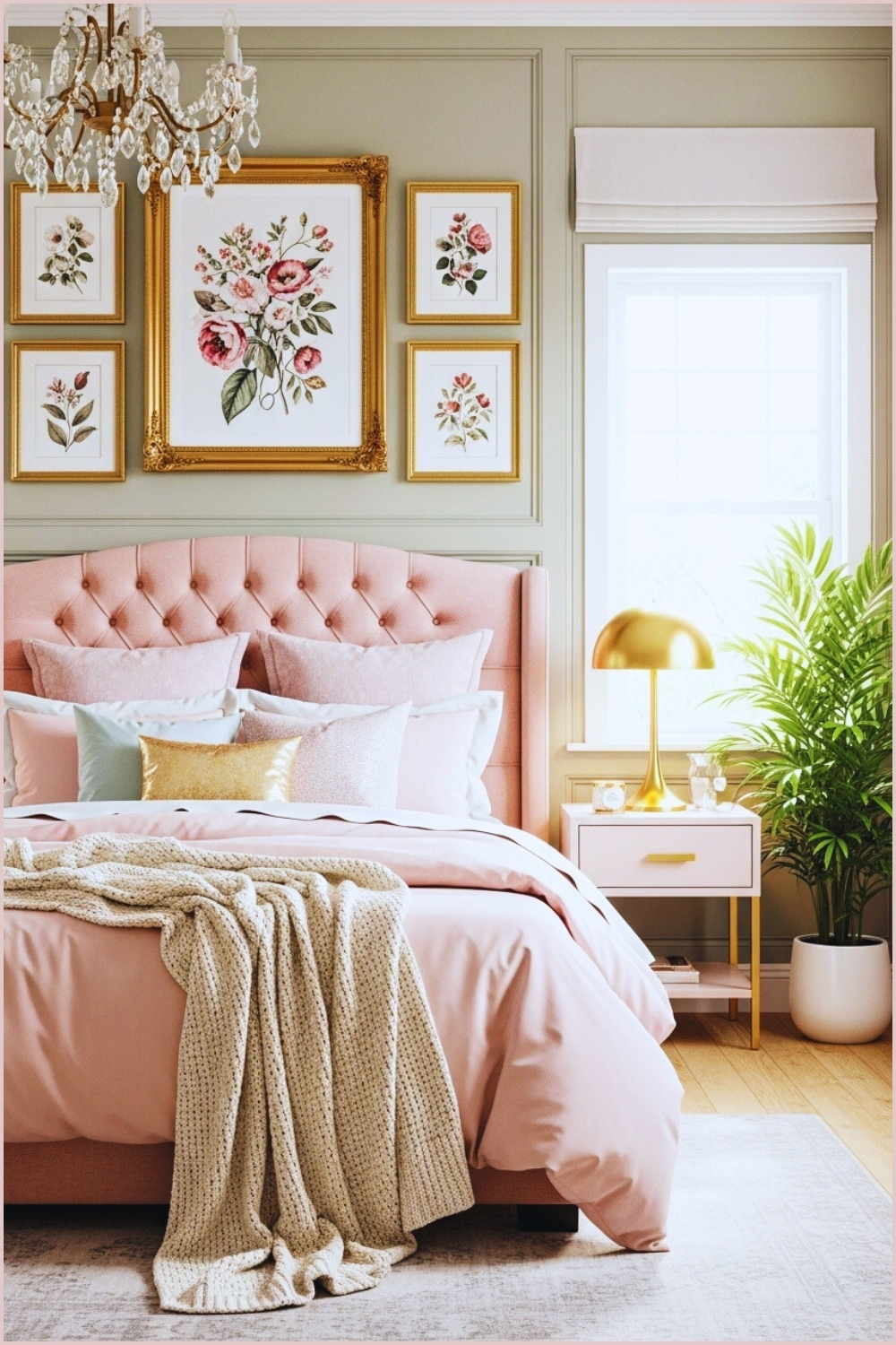 A Romantic Bedroom With Sage Green Paneled Walls Blush Pink