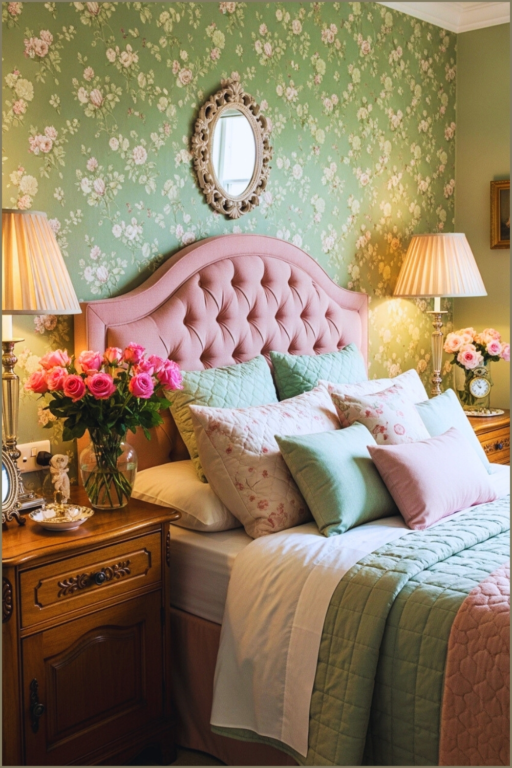 A Romantic Vintage Bedroom With Sage Green Floral Wallpaper Featuring