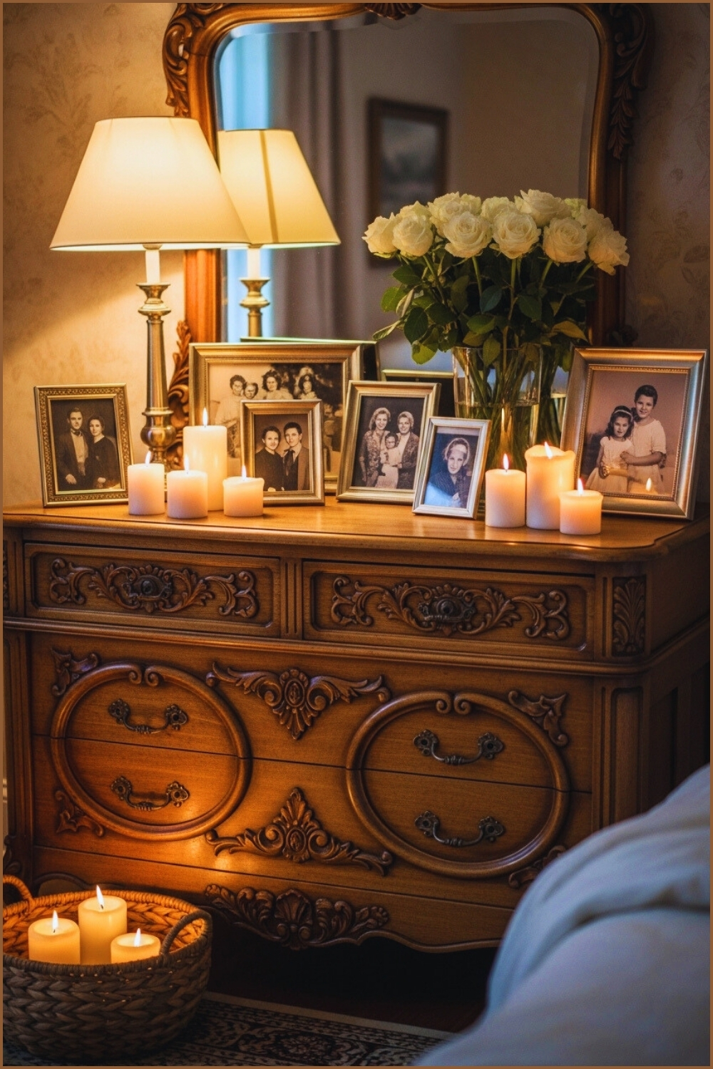 A Romantic Vintage Dresser Setup With Ornate Carved Details