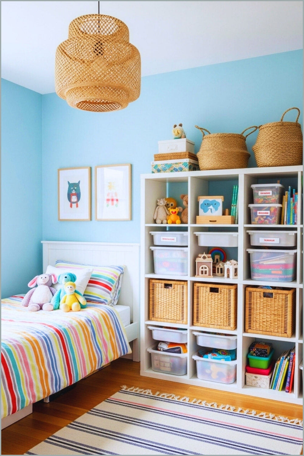 A Shared Kids Bedroom With Pastel Blue Walls Single Bed With Colorful