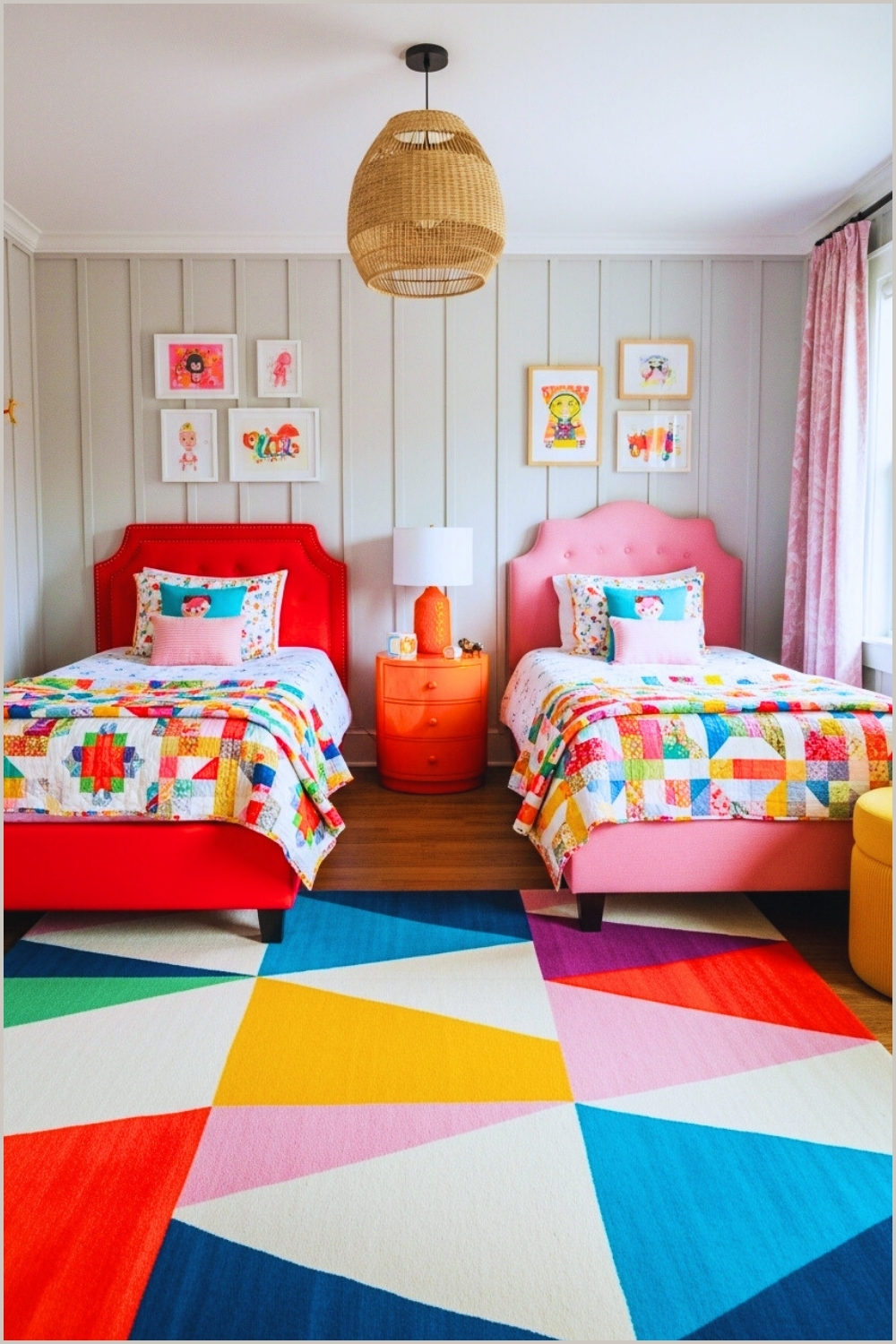 A Shared Kids Bedroom With Two Beds One With A Red Upholstered