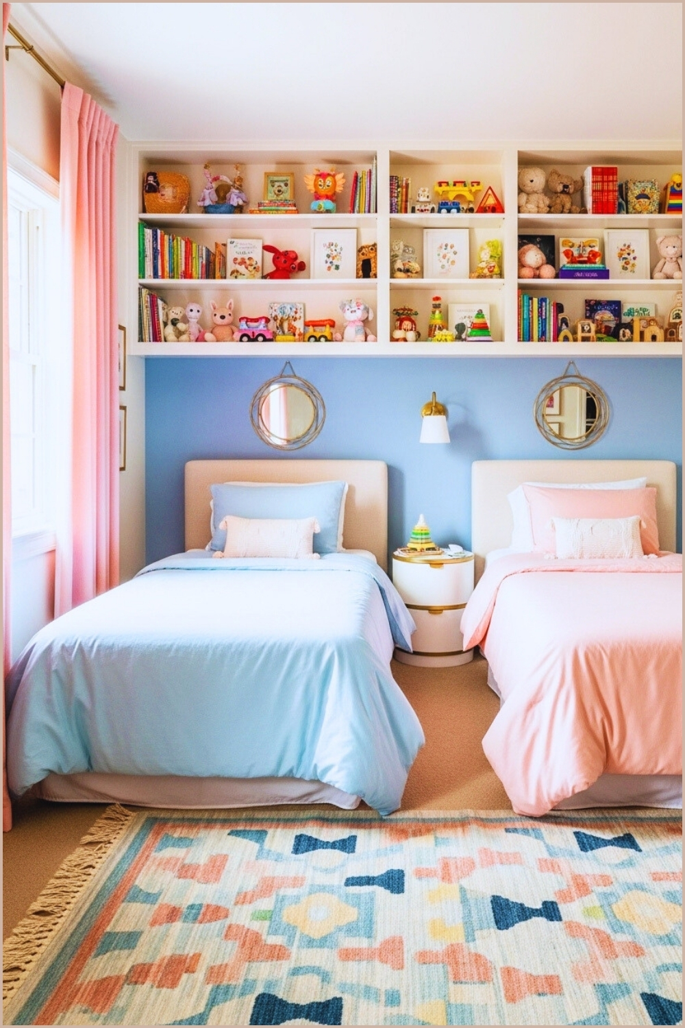 A Shared Kids Bedroom With Two Twin Beds One With Pastel Blue