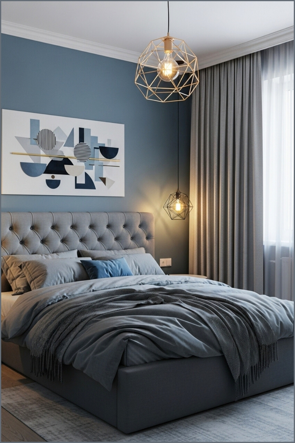 A Sleek Modern Bedroom With Dusty Blue Walls, Tufted Gray Upholstered Bed