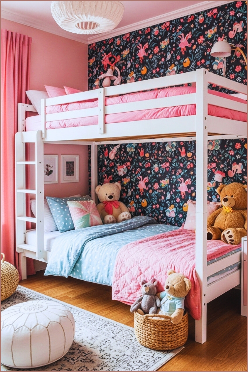 A Small Shared Kids Bedroom With Modern White Bunk Bed Pink