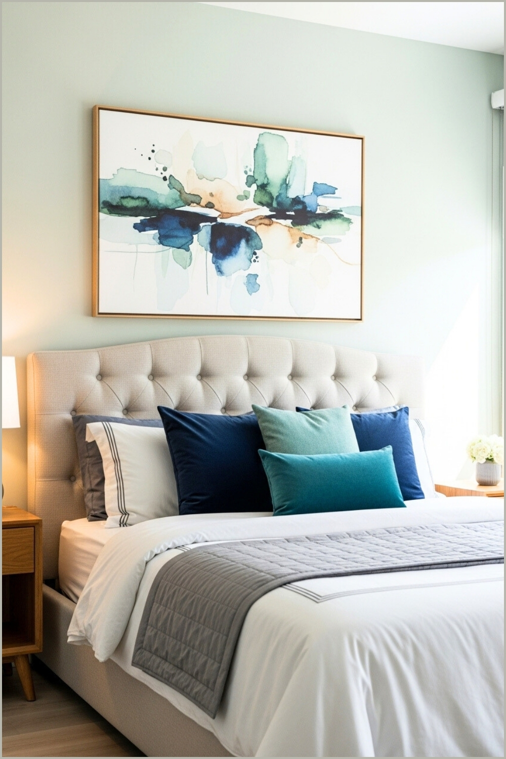 A Soft Green Bedroom With Beige Tufted Bed, White And Gray Bedding