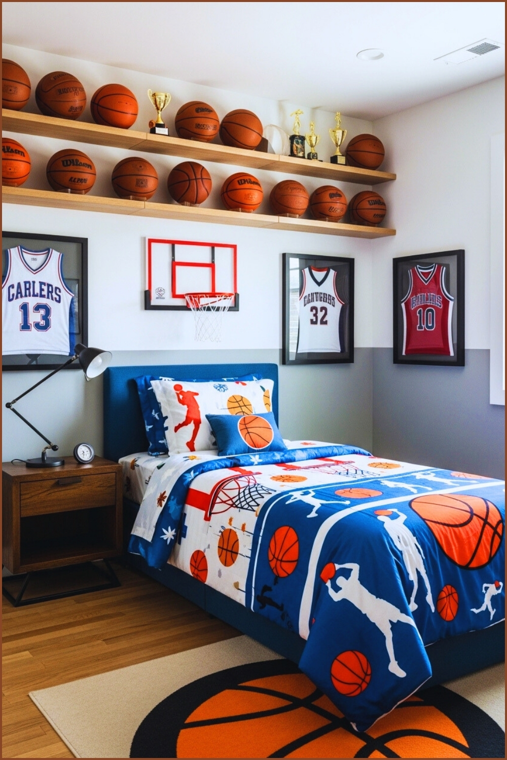 A Sports Themed Kids Bedroom With Basketball Decor Wall Mounted