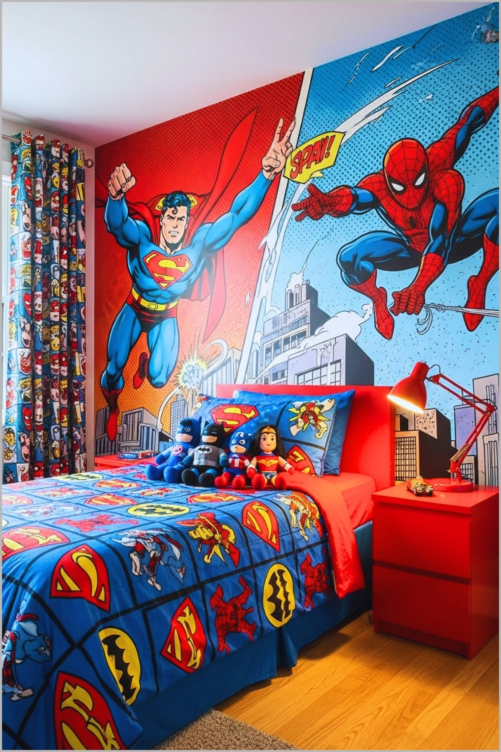 A Superhero Themed Kids Bedroom With Bold Comic Book Wall Murals
