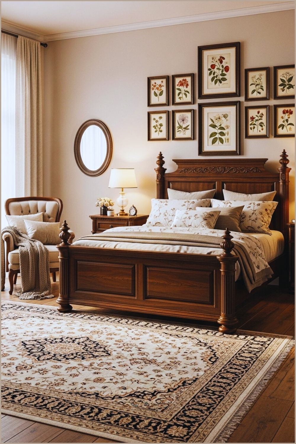 A Traditional Bedroom With Dark Wooden Bed Frame And Matching