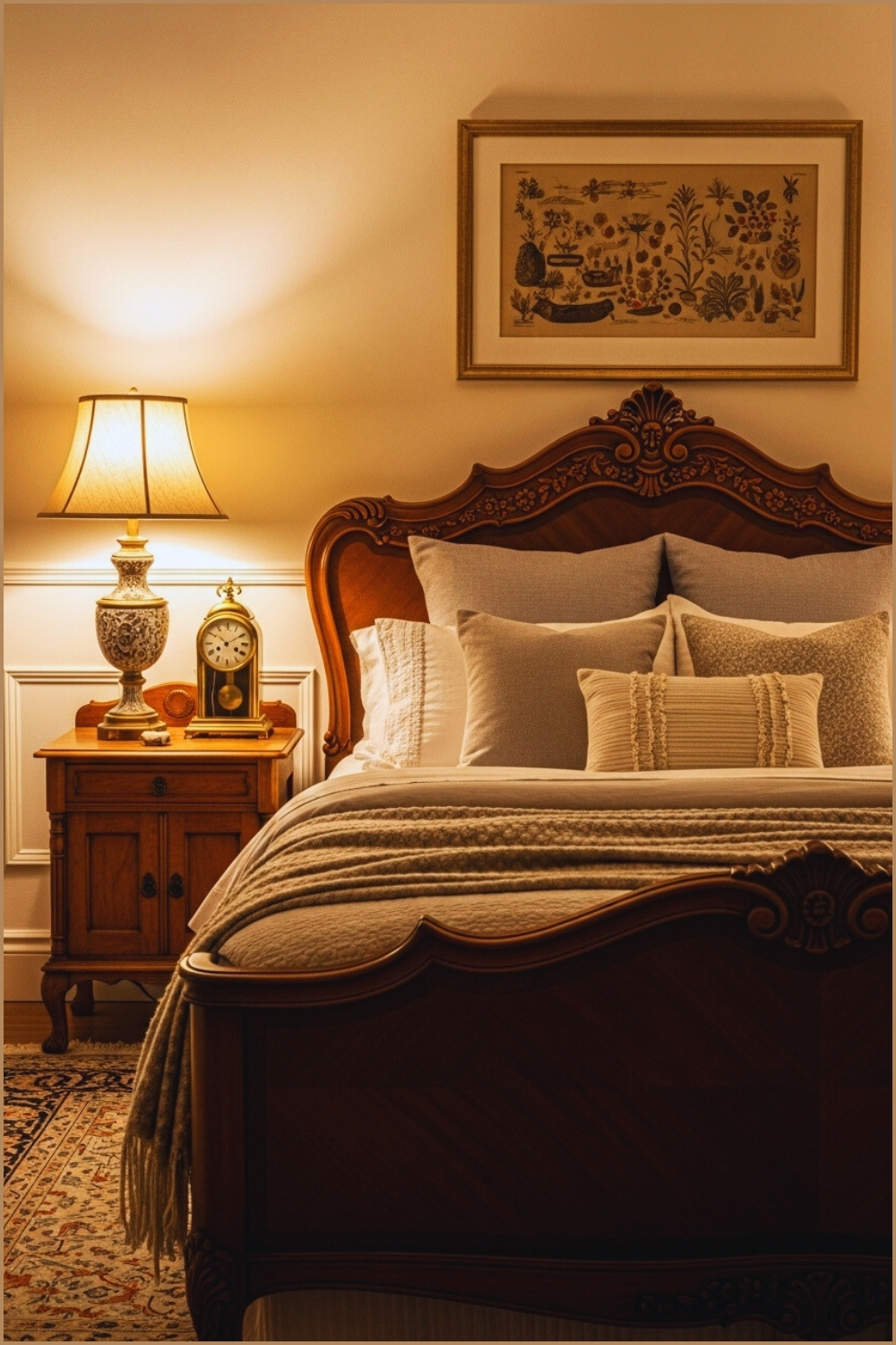 A Traditional Bedroom With Ornate Carved Wooden Headboard