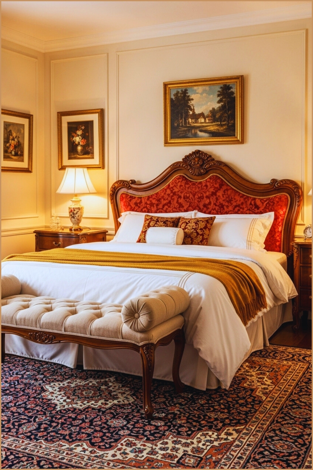 A Traditional Bedroom With Ornate Wooden Headboard Warm Red