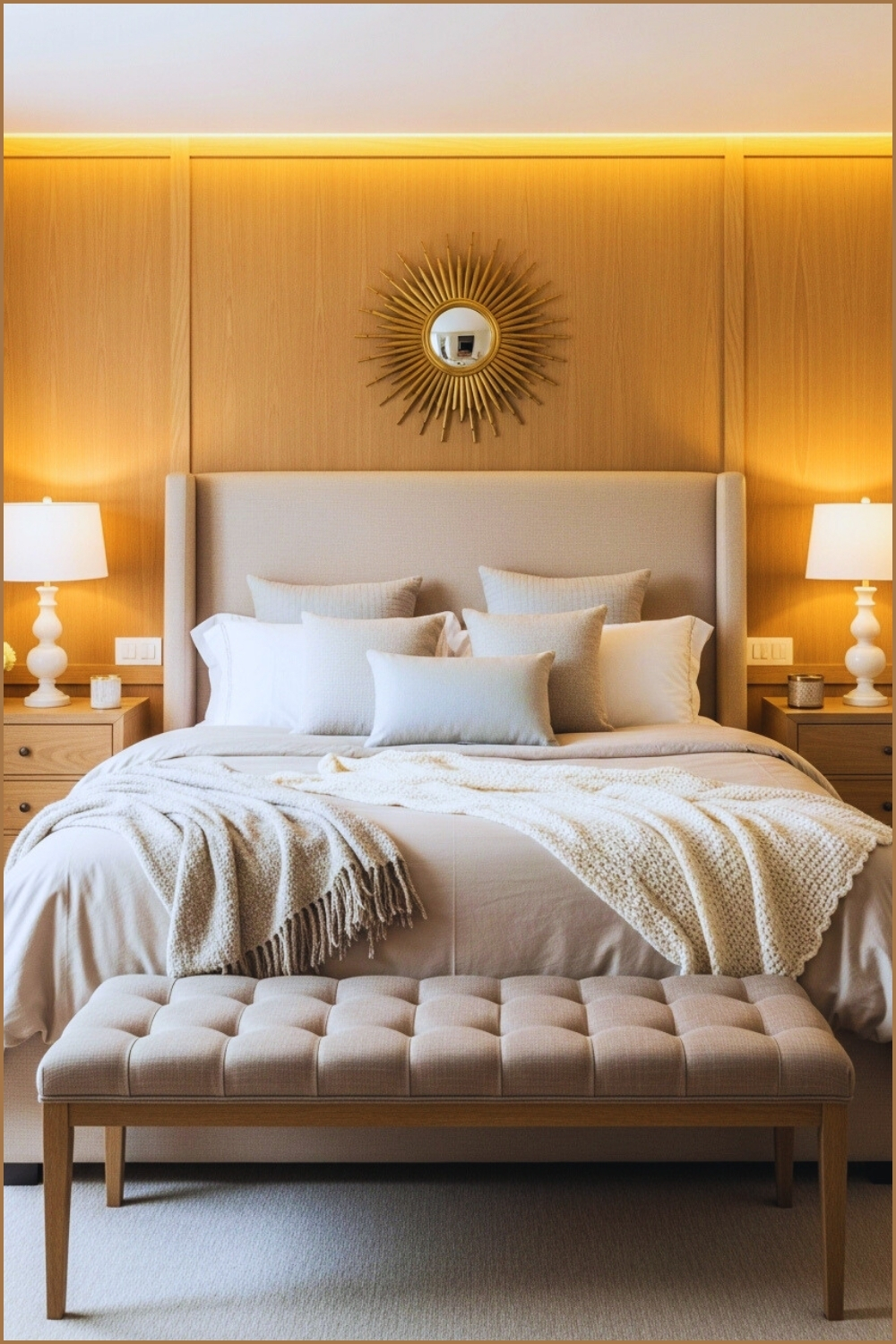 A Traditional Elegant Bedroom With Beige Upholstered Bed