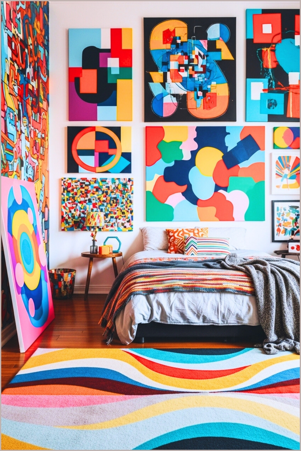 A Vibrant Artistic Bedroom Full Of Bold Abstract Wall Art Colorful