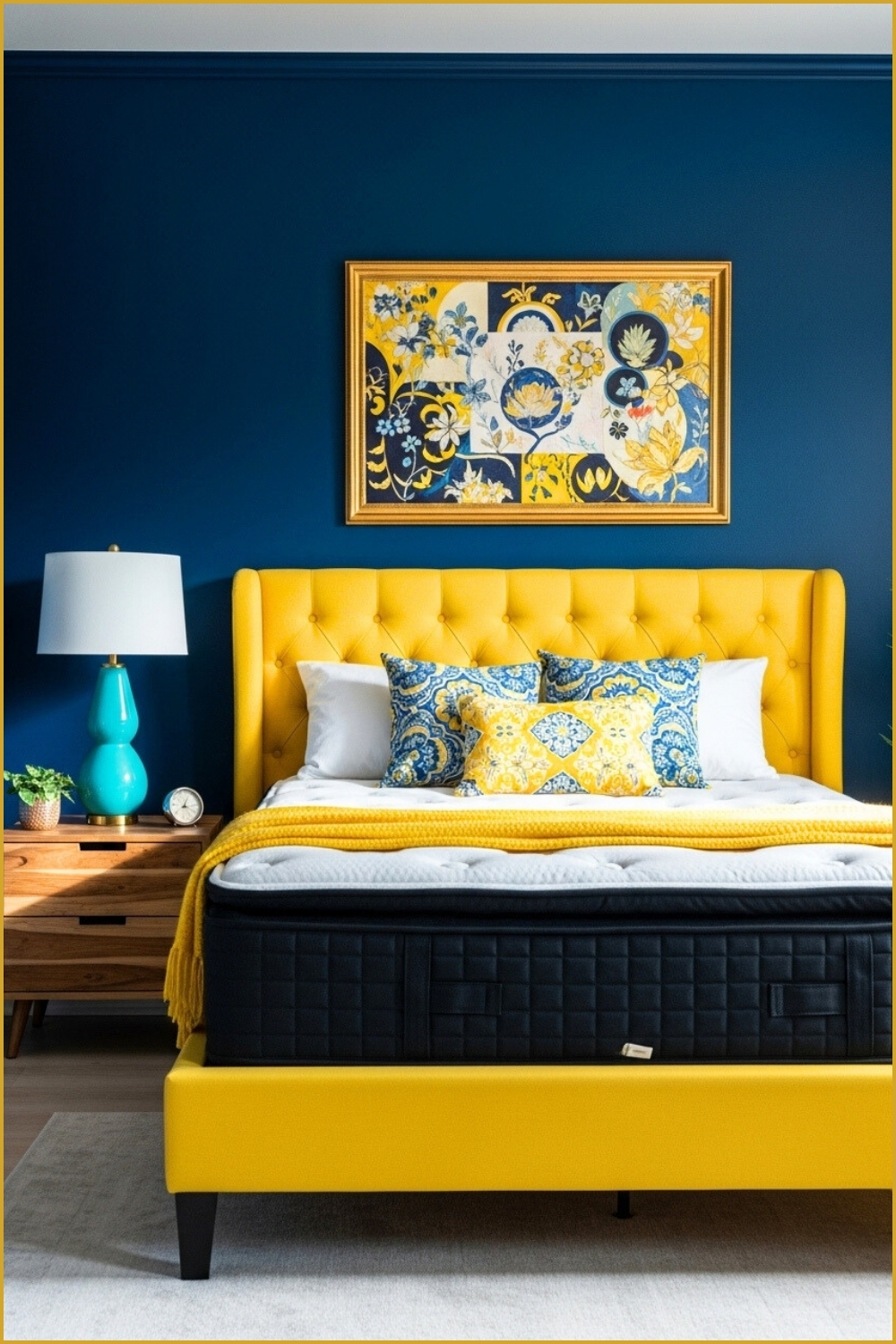 A Vibrant Bedroom With Bold Navy Blue Walls, Tufted Yellow Upholstered Bed