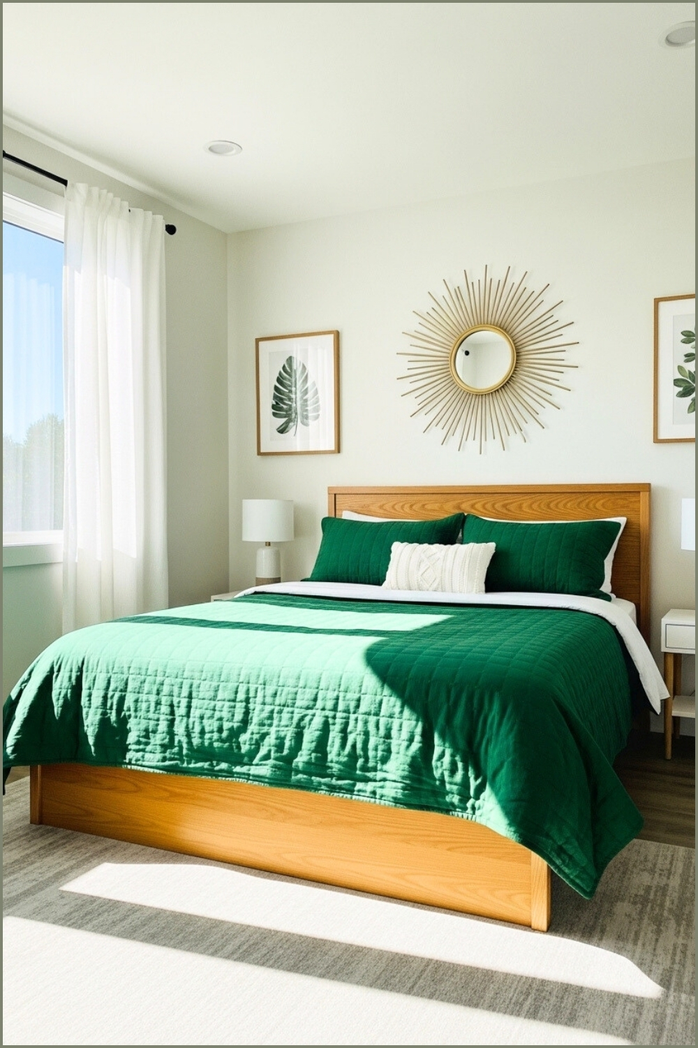 A Vibrant Bedroom With Emerald Green Quilted Bedding, Wooden Bed Frame