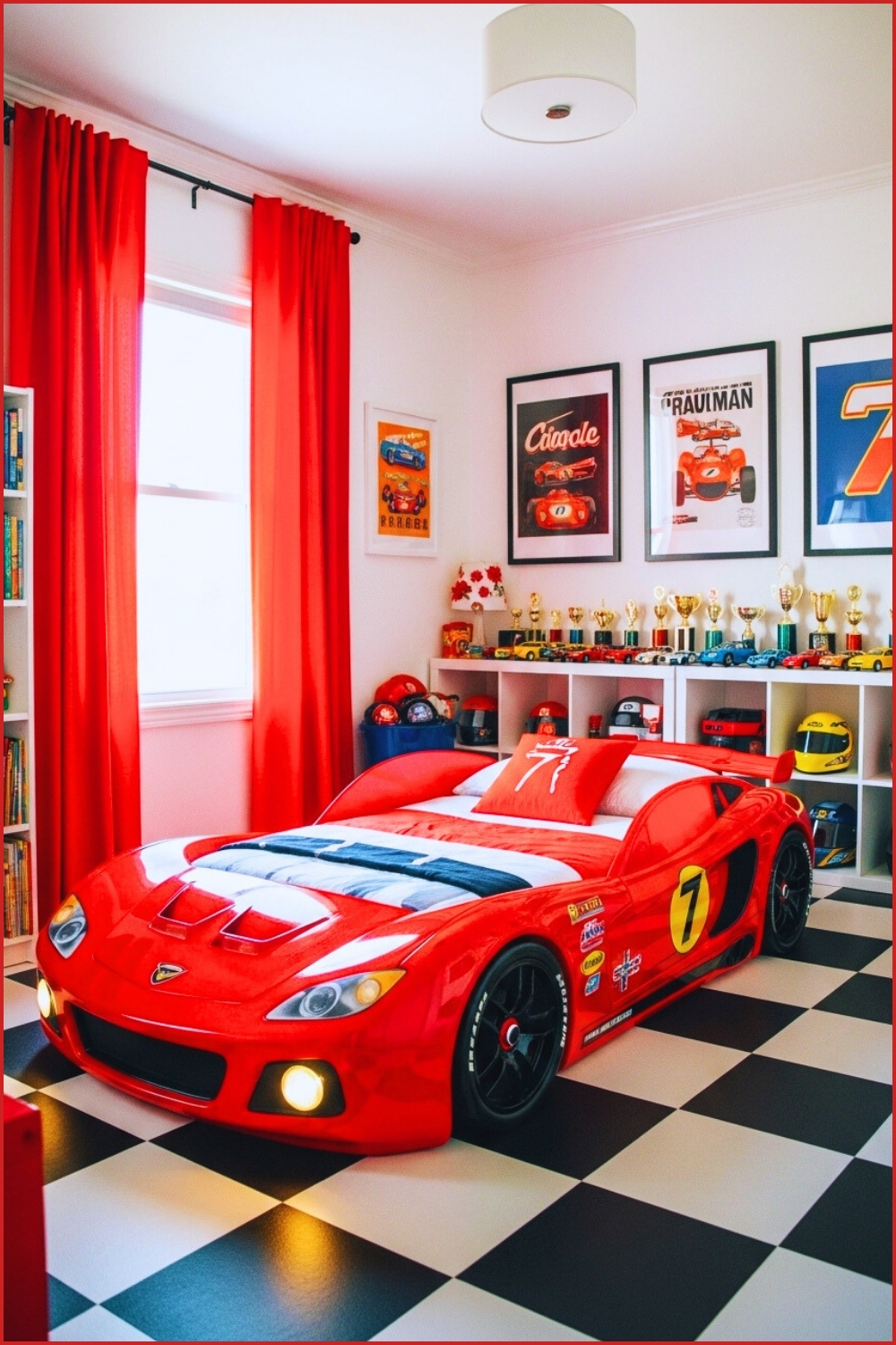A Vibrant Race Car Themed Kids Bedroom With Realistic Red Race Car Bed