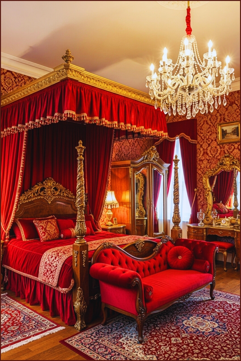 A Victorian Style Luxury Bedroom With Rich Red Velvet Bedding And Curtains