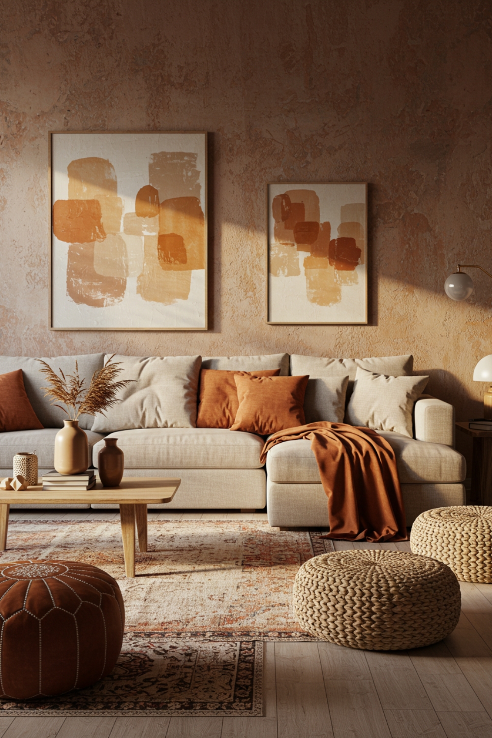 Warm Earthy Living Room With L-shaped Beige Sofa