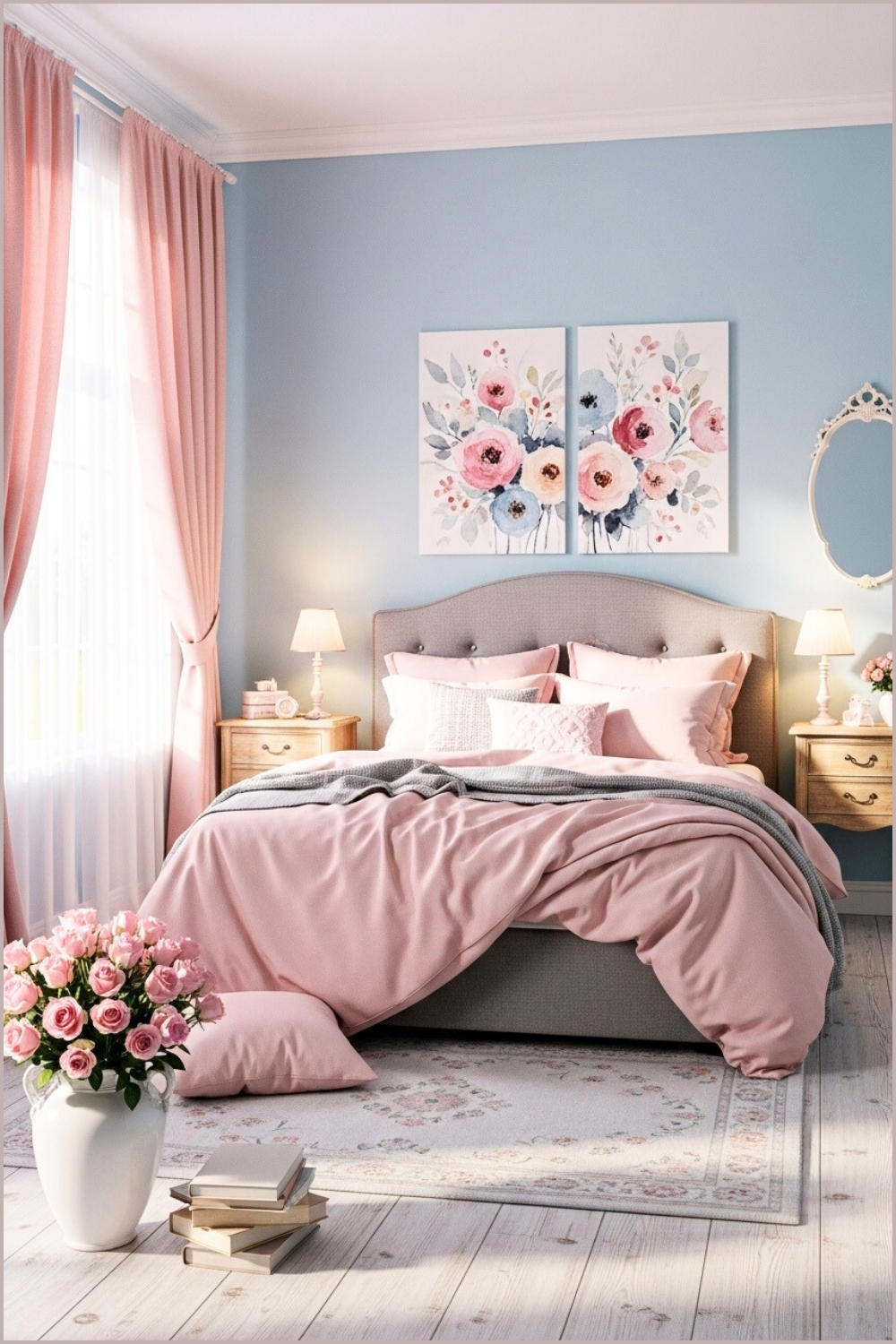 A Whimsical Pastel Bedroom With Soft Blue Walls, Gray Upholstered Bed