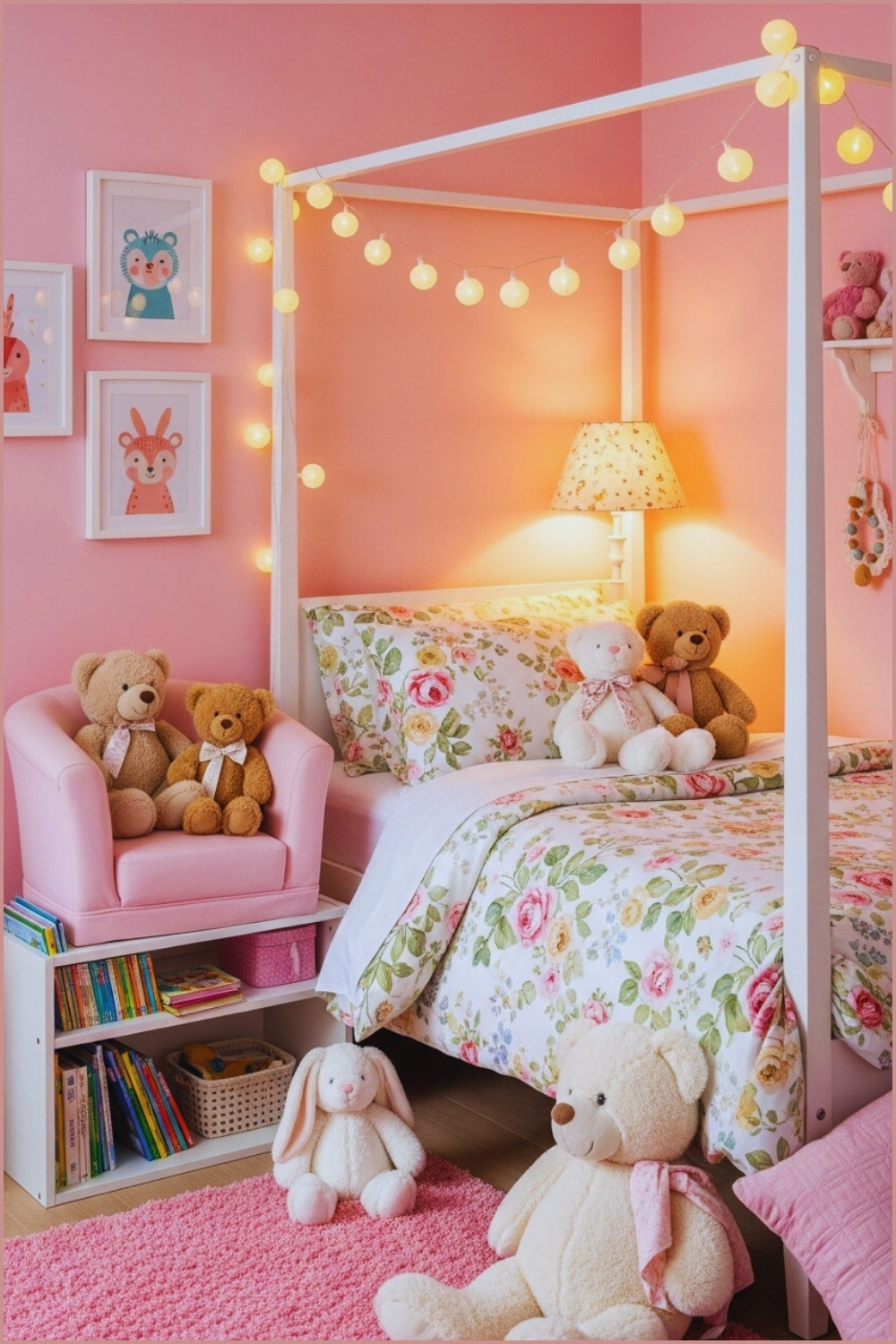 Adorable Girly Bedroom, Pastel Pink Walls, Floral Bedding, Plush Teddy Bears