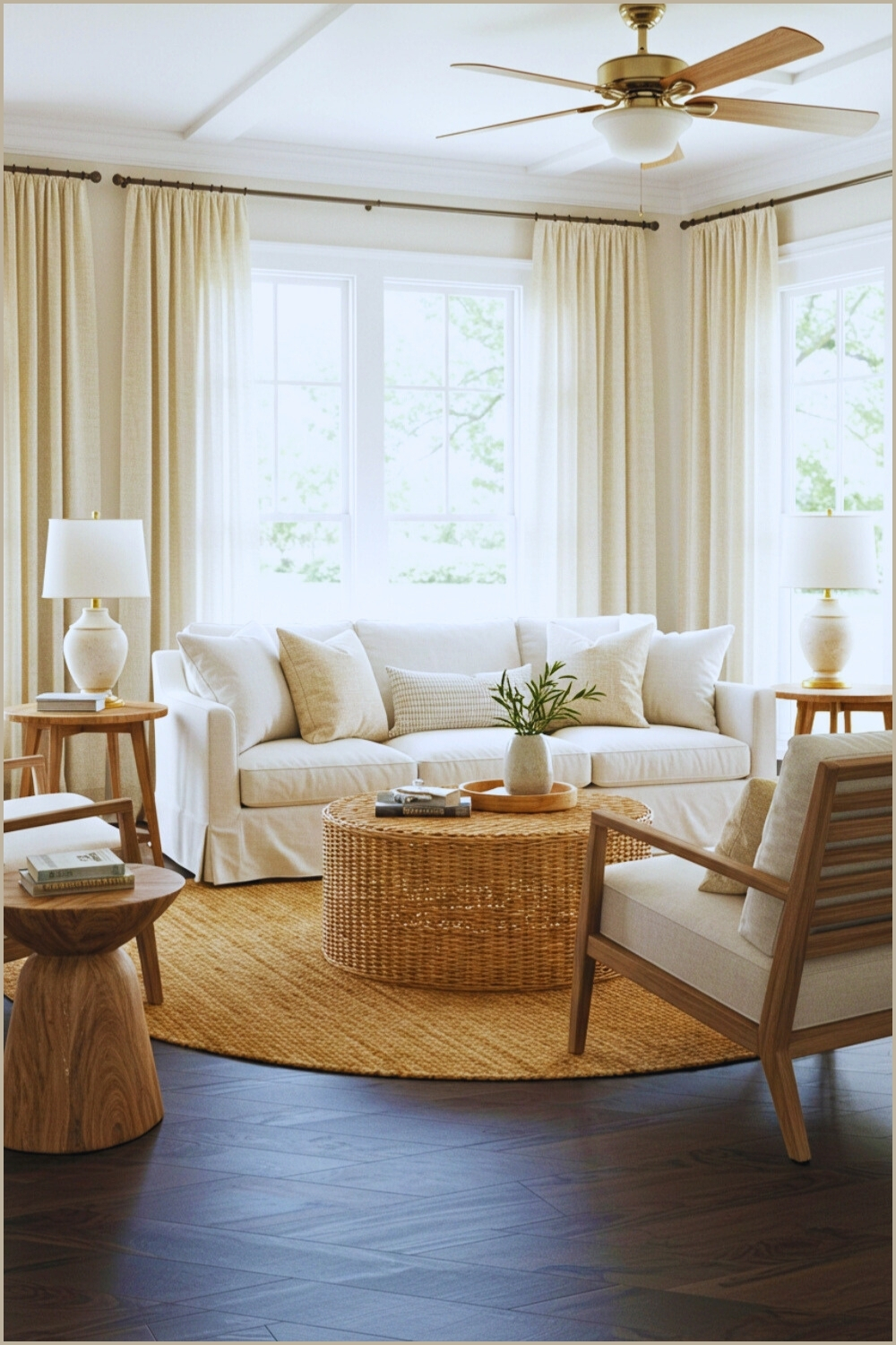 Airy Farmhouse Living Room White Sofa And Neutral Pillows