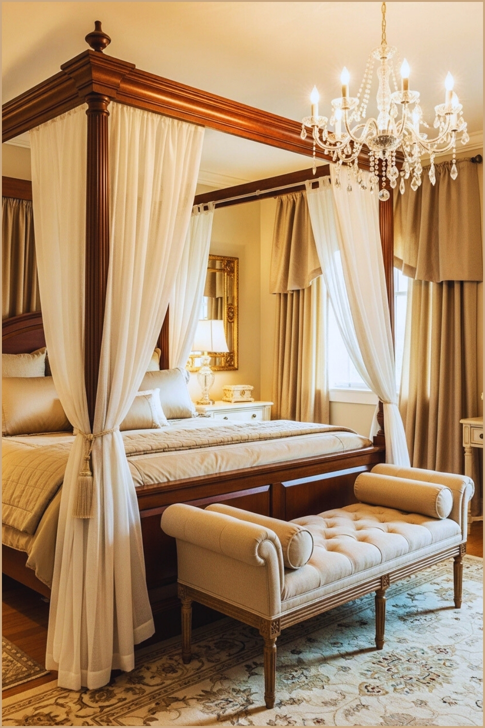 An Elegant Bedroom With A Wooden Canopy Bed Draped In Sheer Fabric