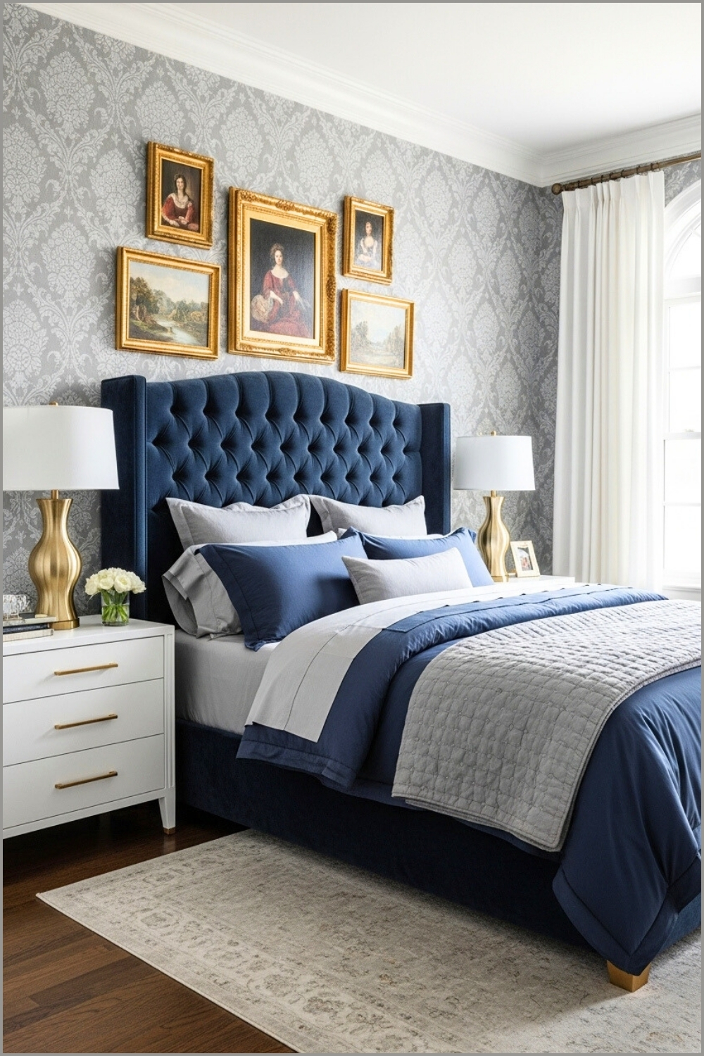 An Elegant Bedroom With Gray Wallpaper, Tufted Navy Velvet Headboard