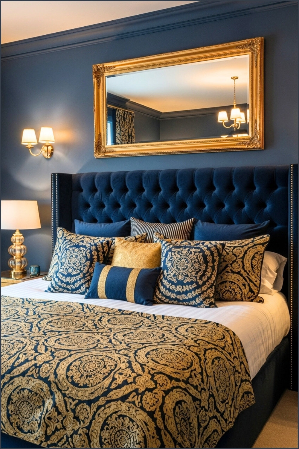 An Elegant Luxurious Bedroom With Deep Navy Walls, Tufted Navy Velvet Headboard