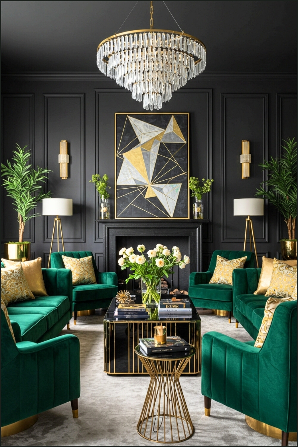Art Deco Living Room Emerald Green Velvet Sofas