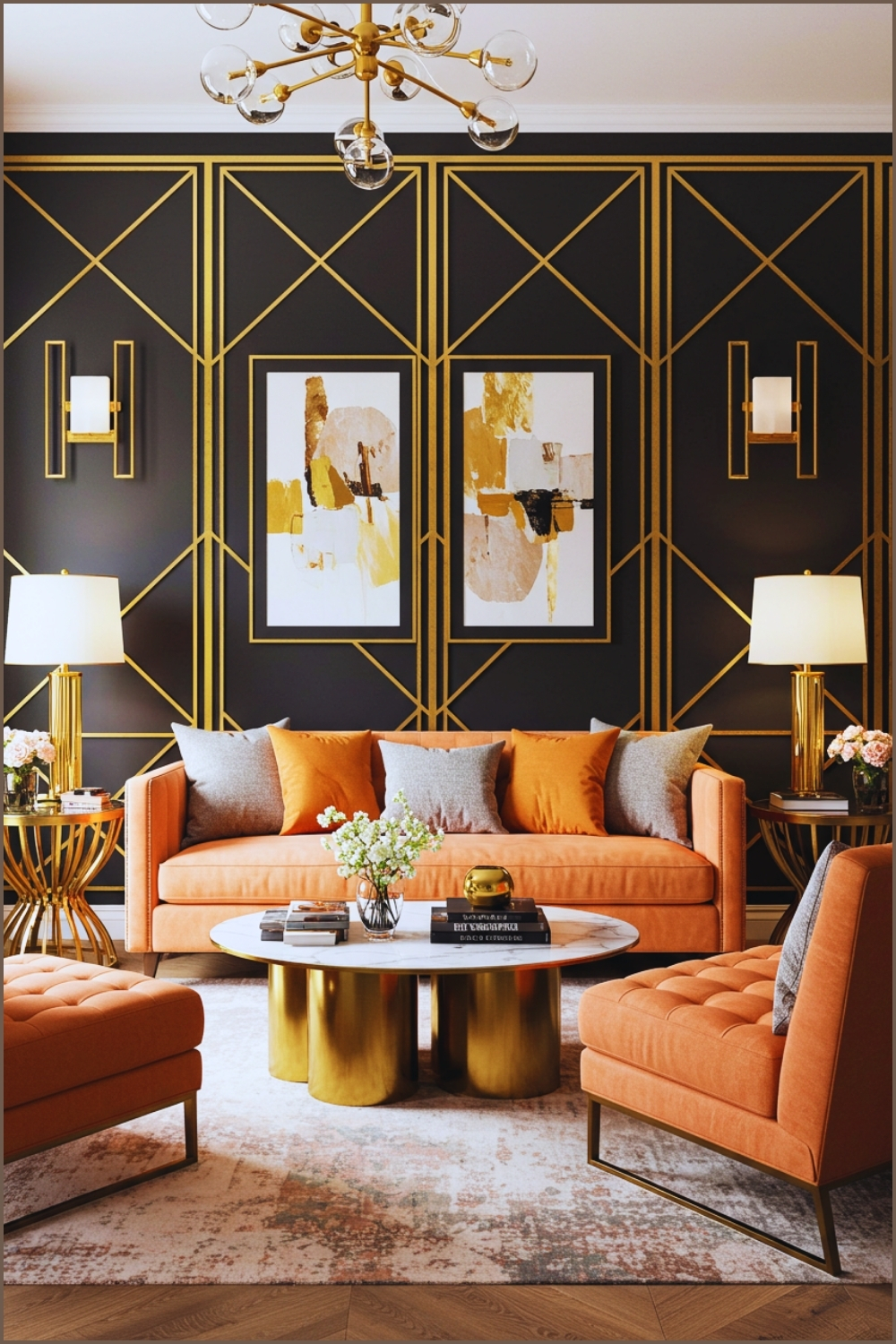 Art Deco Style Glamorous Living Room With Bold Geometric Wall Panels