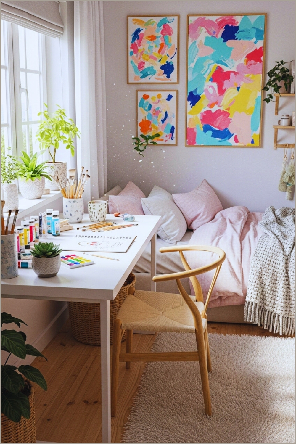 Artistic Bedroom Workspace With White Desk Wooden Chair Colorful Wall Art