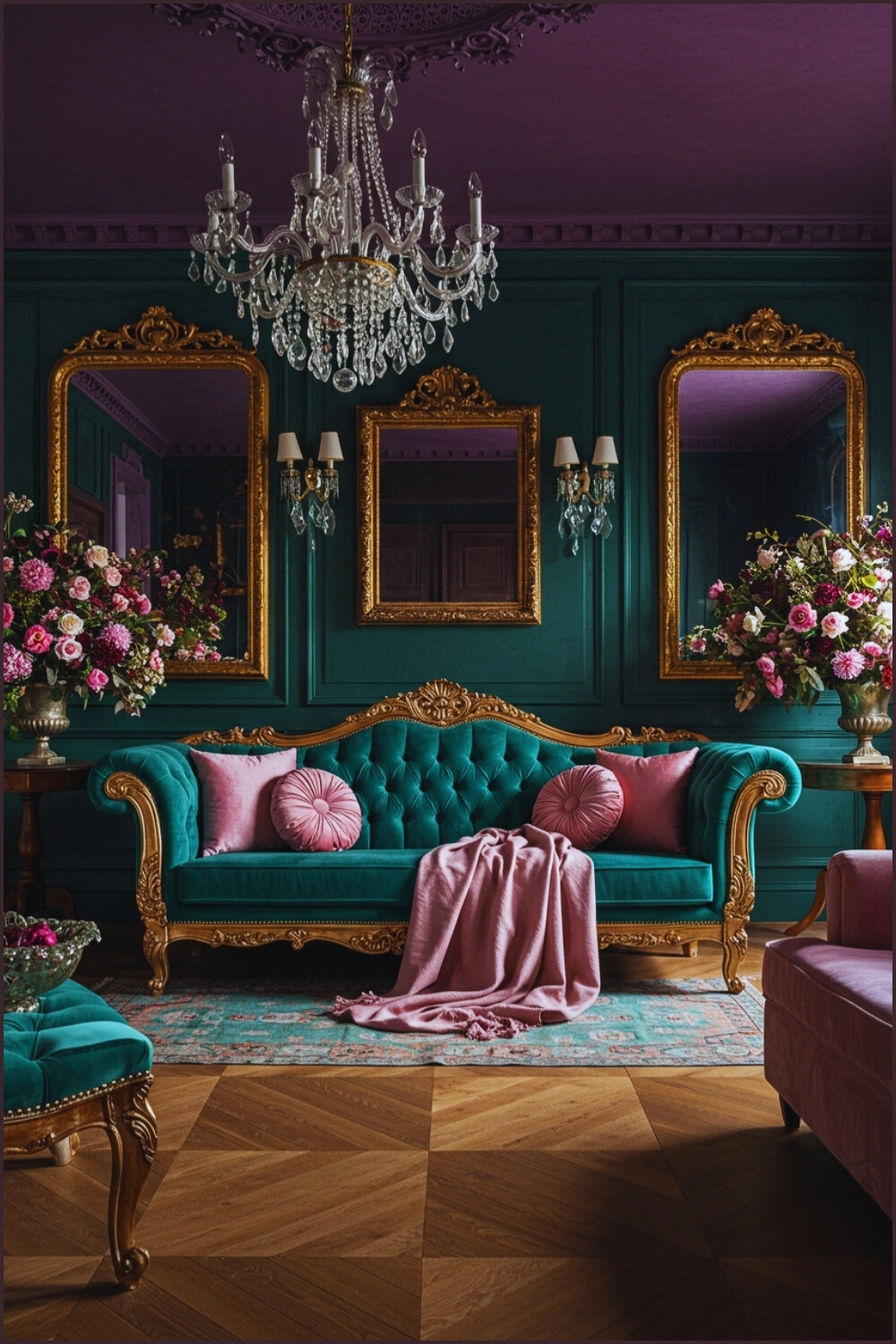 Baroque Living Room Teal Tufted Sofa