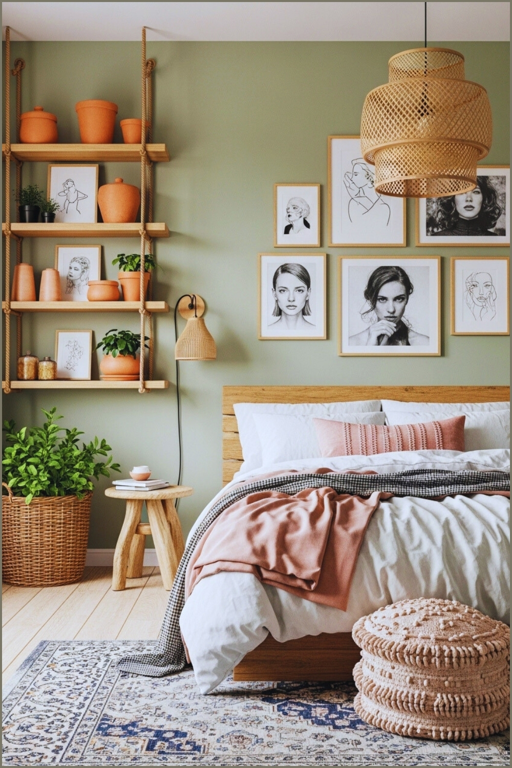 Bedroom With Soft Green Walls Wooden Floating Shelves Decorated
