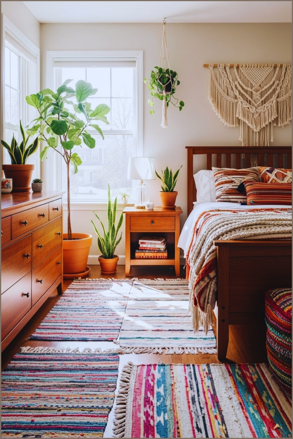 Bohemian Bedroom With Cherry Wood Furniture, Large Window With Natural Sunlight