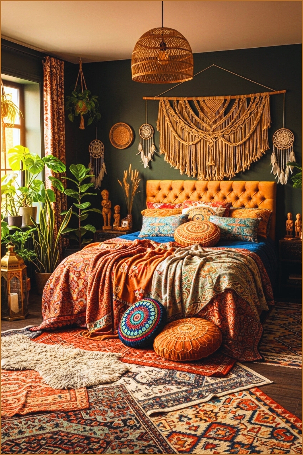 Bohemian Bedroom With Dark Walls Colorful Patterned Textiles