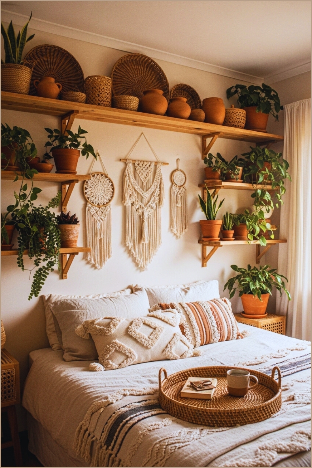 Bohemian Bedroom With Earthy Tones Wooden Floating Shelves Decorated