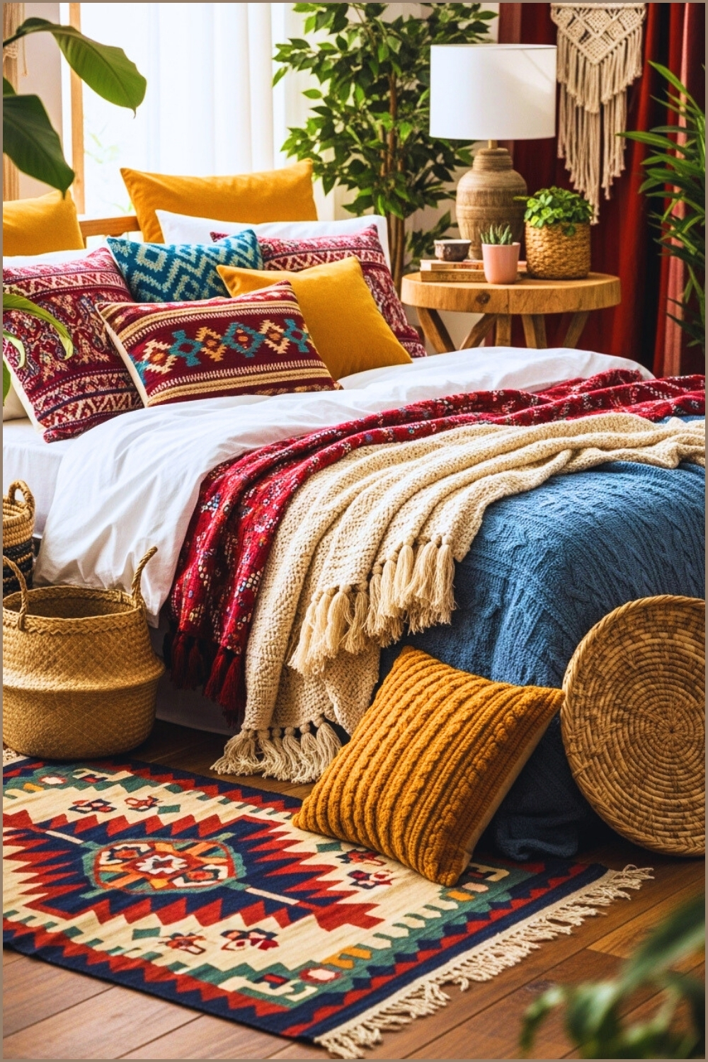 Bohemian Bedroom With Layered Colorful Textiles Patterned Pillows